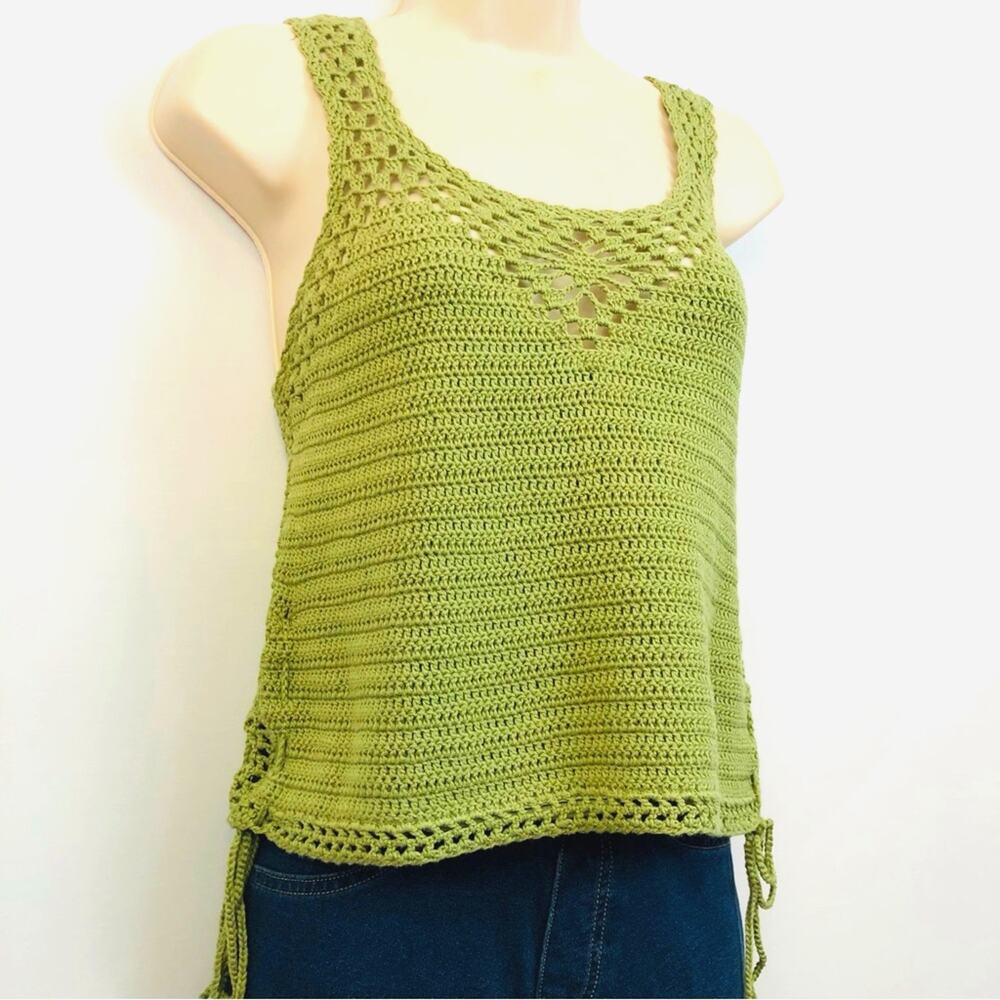 NWT Say What? Boho Goddess Green Crochet Sleeveless Top Adjustable Side Ties